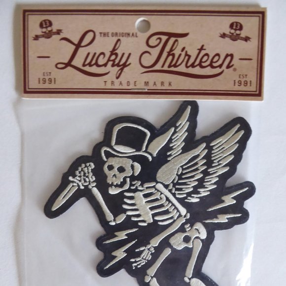 RETIRED LUCKY 13 THIRTEEN WINGED SKELETON WITH KNIFE EMBROIDERED 6” PATCH (NEW) - Picture 4 of 5